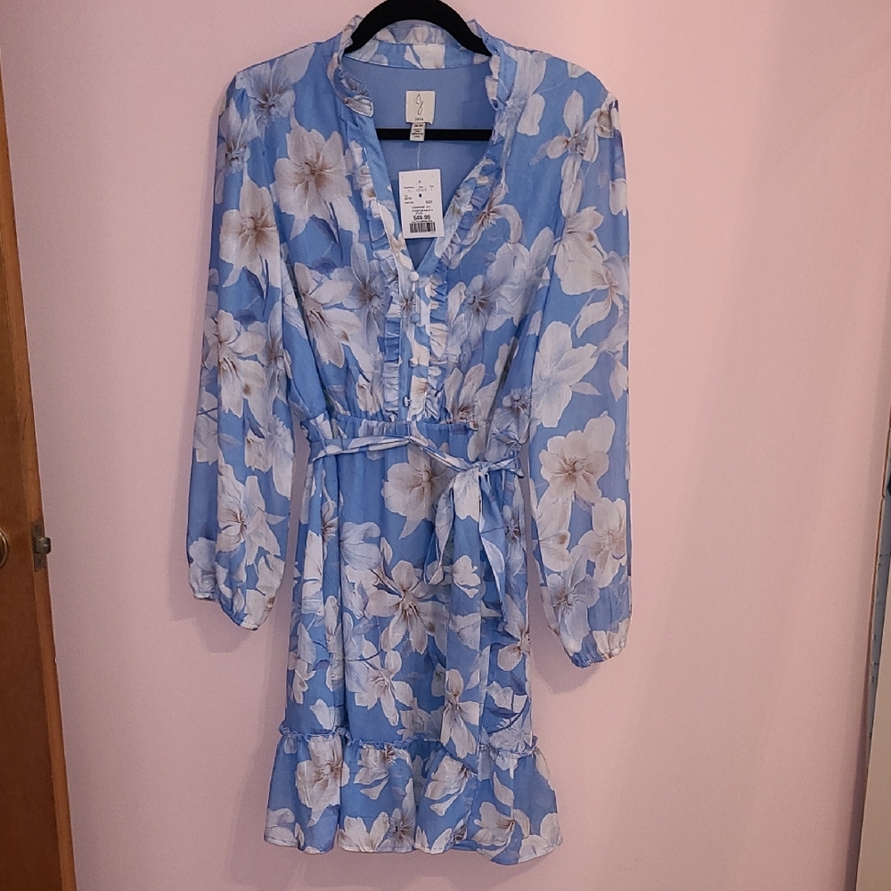 Blue and White Long Sleeve Wrap Sundress for Wedding Guest